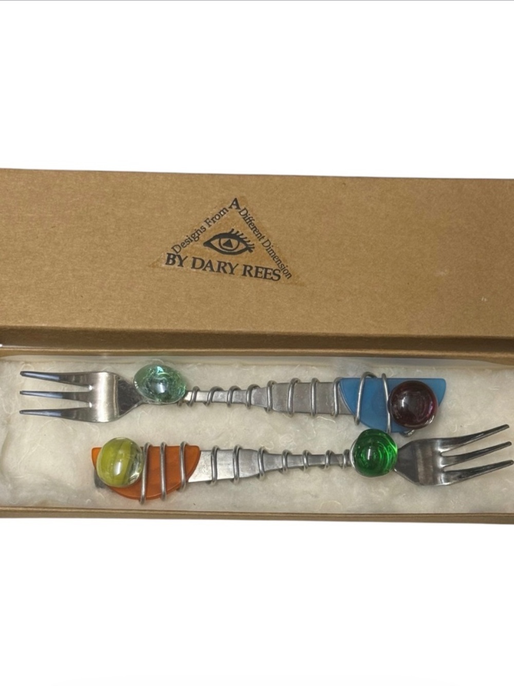 Vintage Dary Rees Glass & Wire Wrapped Dessert / Appetizer Forks Set of 2 NIB